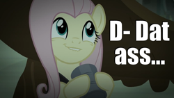 Size: 1280x720 | Tagged: safe, edit, screencap, fluttershy, pegasus, pony, scare master, dat assershy, dat butt, image macro, lip bite, meme, plot, tea party of doom