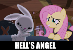 Size: 853x584 | Tagged: safe, screencap, angel bunny, fluttershy, pegasus, pony, scare master, angel is a bunny bastard, evil grin