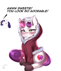 Size: 2666x3125 | Tagged: safe, artist:mrscurlystyles, rarity, sweetie belle, pony, unicorn, blushing, clothes, cutie mark, dialogue, female, filly, grumpy belle, hoodie, mare, simple background, sitting, solo focus, sweetie belle is not amused, the cmc's cutie marks, unamused, white background