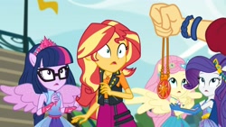 Size: 1920x1080 | Tagged: safe, screencap, flash sentry, fluttershy, rarity, sci-twi, sunset shimmer, twilight sparkle, better together, cheer you on, equestria girls, animation error, bracelet, geode of empathy, glasses, jewelry, magical geodes, ponied up, sleeveless