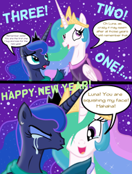 Size: 2915x3808 | Tagged: safe, artist:darkest-lunar-flower, princess celestia, princess luna, alicorn, pony, comic, crying, cute, ear piercing, happy new year 2017, heartwarming, hug, kissing, lunabetes, night, piercing, royal sisters, sisterly love, tears of joy