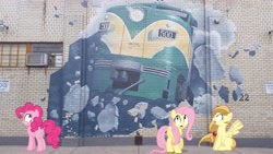 Size: 5120x2880 | Tagged: safe, artist:caboosehobbies, artist:estories, artist:porygon2z, artist:stricer555, fluttershy, pinkie pie, oc, oc:alice goldenfeather, fpa-4, graffiti, irl, photo, ponies in real life, train