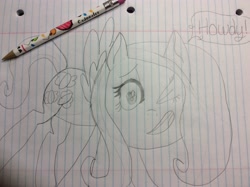 Size: 2592x1936 | Tagged: artist needed, safe, fluttershy, pegasus, pony, lined paper, monochrome, pencil, pencil drawing, spread wings, traditional art, wings, wink