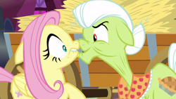 Size: 1920x1080 | Tagged: safe, screencap, fluttershy, granny smith, pegasus, pony, scare master, lip bite, scared