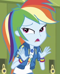 Size: 673x828 | Tagged: safe, derpibooru import, screencap, rainbow dash, better together, equestria girls, holidays unwrapped, canterlot high, cropped, faic, female, geode of super speed, lockers, magical geodes, solo