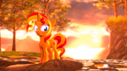 Size: 1920x1080 | Tagged: safe, artist:backmaker, sunset shimmer, pony, 3d, fantasy, pun, source filmmaker, sun, sunset, sunshine shimmer, tree