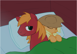 Size: 968x691 | Tagged: artist needed, safe, applejack, big macintosh, earth pony, pony, bed, hat, male, stallion