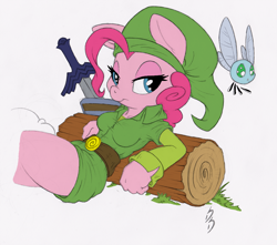 Size: 1000x882 | Tagged: safe, artist:dfectivedvice, color edit, pinkie pie, anthro, parasprite, color, colored, crossover, duo, female, gray background, hat, link, log, navi, on back, paraspritized, simple background, species swap, sword, the legend of zelda, tunic