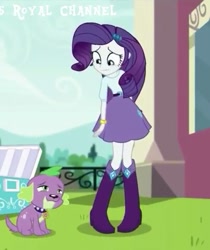 Size: 403x480 | Tagged: safe, screencap, rarity, spike, spike the regular dog, dog, dance magic, equestria girls, spoiler:eqg specials, boots, clothes, cropped, female, high heel boots, looking down, looking up, male, shoes, skirt