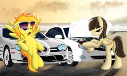 Size: 1999x1203 | Tagged: safe, artist:spitshy, derpibooru import, spitfire, wild fire, bedroom eyes, car, looking at you, mercedes-benz, mercedes-benz slr mclaren, plot, stupid sexy spitfire, subaru, subaru impreza, sunglasses, supercar