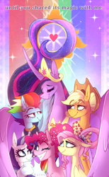 Size: 740x1200 | Tagged: safe, artist:motger-mor, derpibooru import, applejack, fluttershy, pinkie pie, princess twilight 2.0, rainbow dash, rarity, twilight sparkle, twilight sparkle (alicorn), alicorn, earth pony, pegasus, pony, unicorn, the last problem, curved horn, eyes closed, female, heart, horn, mane six, mare, older, older applejack, older fluttershy, older mane six, older pinkie pie, older rainbow dash, older rarity, older twilight, one eye closed, smiling