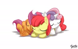 Size: 1920x1200 | Tagged: safe, artist:mysticalpha, derpibooru import, apple bloom, scootaloo, sweetie belle, pony, cuddle puddle, cuddling, cute, cutie mark crusaders, female, filly, old version, pony pile, sleep pile, sleeping, wallpaper