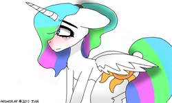 Size: 1522x913 | Tagged: safe, artist:itzdatag0ndray, princess celestia, alicorn, pony, 3ds, alternate hairstyle, chest fluff, colors! 3d, floppy ears, ponytail, simple background, solo, spread wings, sunbutt, white background, younger