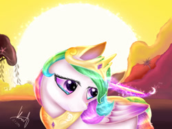 Size: 1024x768 | Tagged: safe, artist:betkika26, princess celestia, alicorn, pony, crying, head turn, looking away, magic, signature, smiling, solo, sun, sunrise