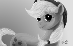 Size: 1882x1186 | Tagged: safe, artist:winternachts, applejack, earth pony, pony, monochrome, smiling, solo