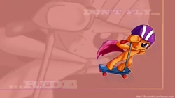 Size: 1366x768 | Tagged: safe, artist:nolycs, derpibooru import, scootaloo, helmet, scooter, wallpaper