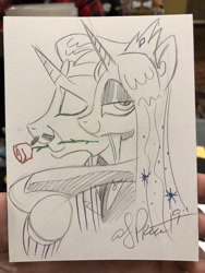 Size: 1536x2048 | Tagged: safe, artist:andypriceart, derpibooru import, idw, king sombra, princess celestia, alicorn, pony, unicorn, spoiler:comic, celestibra, female, gomez addams, male, morticia addams, shipping, straight, the addams family, traditional art