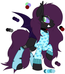 Size: 2128x2444 | Tagged: safe, artist:space--paws0w0, oc, oc only, oc:major elegy, bat pony, pony, bat pony oc, bedroom eyes, blood, choker, clothes, colored sclera, crying, edgy, eyeshadow, female, grin, heart, makeup, mare, raised hoof, reference sheet, smiling, socks, solo, stockings, sweater, tattoo, tears of blood, thigh highs, torn clothes