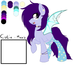 Size: 2712x2408 | Tagged: safe, artist:space--paws0w0, oc, oc only, oc:partita keys, bat pony, pony, bat pony oc, blank flank, bracelet, choker, clothes, ear piercing, earring, fangs, female, jewelry, mare, open mouth, piercing, raised hoof, reference sheet, simple background, socks, solo, spiked choker, stars, stockings, thigh highs, transparent background, wing piercing