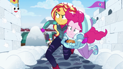 Size: 1920x1080 | Tagged: safe, screencap, flash sentry, pinkie pie, sunset shimmer, better together, equestria girls, holidays unwrapped, plusplus, shrunken pupils, snow