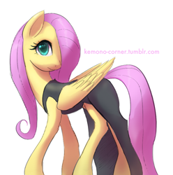 Size: 800x806 | Tagged: safe, artist:raikoh, fluttershy, pegasus, pony, scare master, black dress, clothes, costume, dress, hair over one eye, little black dress, long legs, looking at you, nightmare night costume, solo