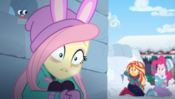 Size: 1920x1080 | Tagged: safe, screencap, fluttershy, pinkie pie, sunset shimmer, better together, equestria girls, holidays unwrapped, bags under eyes, lip bite, plusplus, saving pinkie's pie, shrunken pupils, thousand yard stare