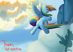 Size: 7016x4961 | Tagged: safe, artist:jojohernandez, derpibooru import, rainbow dash, pegasus, pony, cloud, dock, female, flying, mare, sky, smiling, solo, sun