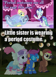 Size: 700x960 | Tagged: safe, screencap, apple bloom, fluttershy, rarity, scootaloo, sweetie belle, mermaid, scare master, clothes, costume, dress, goggles, image macro, meme, mermarity, nightmare night, observation, period costume, platypus, wonderbolts uniform