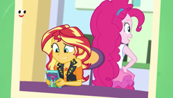 Size: 1144x646 | Tagged: safe, screencap, pinkie pie, sunset shimmer, better together, equestria girls, holidays unwrapped, plusplus