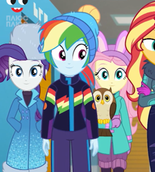 Size: 524x583 | Tagged: safe, screencap, fluttershy, rainbow dash, rarity, sunset shimmer, owl, better together, equestria girls, holidays unwrapped, bunny ears, chad (owl), cropped, female, plusplus, winter break-in, winter outfit