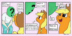 Size: 1276x643 | Tagged: safe, edit, applejack, oc, oc:anon, human, pony, behaving like a dog, comic, cute, jackabetes, overanalyzing, parody, silly, silly pony, starry eyes, thought bubble, three panel soul, who's a silly pony