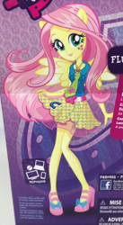 Size: 630x1153 | Tagged: safe, fluttershy, equestria girls, friendship games, box art, canterlot high, high heels, merchandise, necktie, outfit, school spirit, solo, wondercolts