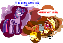 Size: 1296x878 | Tagged: safe, artist:mushroomcookiebear, applejack, twilight sparkle, twilight sparkle (alicorn), alicorn, earth pony, pony, bubble wrap, descriptive noise, female, mare, meme