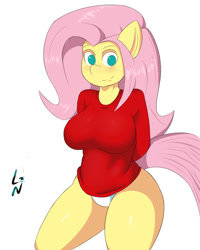 Size: 600x750 | Tagged: safe, artist:lavinianeasa, fluttershy, anthro, arm behind back, blushing, breasts, clothes, female, hootershy, looking at you, panties, smiling, solo, sweater, sweatershy, underwear