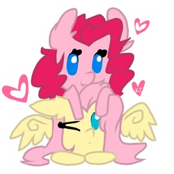 Size: 1500x1500 | Tagged: safe, artist:sugaryumyum, fluttershy, pinkie pie, earth pony, pegasus, pony, female, flutterpie, heart, lesbian, prone, shipping, wrong aspect ratio