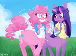 Size: 2000x1485 | Tagged: safe, artist:vita-ex-machina, derpibooru import, pinkie pie, twilight sparkle, centaur, eared humanization, horned humanization, humanized, pony coloring, wingding eyes