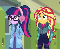 Size: 665x547 | Tagged: safe, screencap, sci-twi, sunset shimmer, twilight sparkle, better together, equestria girls, holidays unwrapped, canterlot high, clothes, coat, cropped, earmuffs, female, glasses, gloves, hands in pockets, lockers, ponytail, smiling