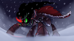 Size: 3840x2160 | Tagged: safe, artist:imskull, derpibooru import, king sombra, pony, robot, robot pony, unicorn, armor, cape, clothes, glowing horn, hoof shoes, horn, male, snow, solo, sombra's cape, stallion