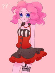 Size: 1200x1600 | Tagged: safe, artist:kkmrarar, pinkie pie, human, clothes, dress, female, humanized, looking at you, pink background, simple background, smiling, solo, tongue out