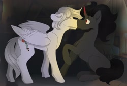 Size: 2560x1727 | Tagged: artist needed, source needed, safe, derpibooru import, king sombra, oc, oc:light knight, pegasus, pony, umbrum, canon x oc, gay, kissing, male, shipping, surprised