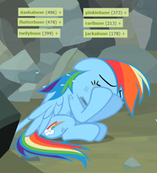 Size: 550x602 | Tagged: safe, derpibooru import, edit, edited screencap, screencap, rainbow dash, pegasus, pony, may the best pet win, abuse, crying, derpibooru, meta, tags