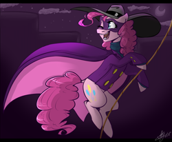 Size: 1181x974 | Tagged: safe, artist:discosweetruletik, pinkie pie, earth pony, pony, clothes, costume, crossover, darkwing duck, rope, solo, wink