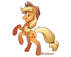 Size: 500x400 | Tagged: safe, artist:shellsweet, applejack, earth pony, pony, applejack's hat, blonde, blonde mane, blonde tail, female, green eyes, mare, orange coat, solo