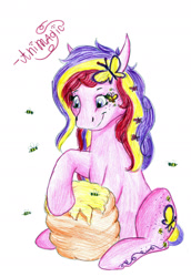 Size: 1340x1948 | Tagged: safe, artist:animagicworld, fluttershy, bee, pegasus, pony, g3, beehive, honey, this will end in pain, traditional art