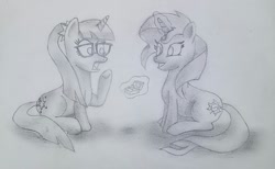 Size: 1509x930 | Tagged: safe, artist:pabrony83, sci-twi, sunset shimmer, twilight sparkle, pony, unicorn, equestria girls, engagement ring, equestria girls ponified, fanfic art, female, glasses, happy, lesbian, marriage proposal, monochrome, ponified, ponytail, smiling, surprised, unicorn sci-twi