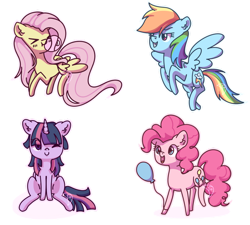 Size: 1024x921 | Tagged: safe, artist:musicfirewind, derpibooru import, fluttershy, pinkie pie, rainbow dash, twilight sparkle, alicorn, earth pony, pegasus, pony, balloon, bubblegum, cute, ear fluff, eyes closed, female, flying, food, gum, mare, one eye closed, simple background, transparent background, wink