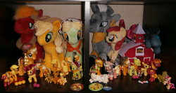 Size: 1242x662 | Tagged: safe, artist:denkimouse, apple bloom, apple bumpkin, applejack, applejack (g1), big macintosh, granny smith, smarty pants, zecora, earth pony, pony, zebra, g1, apple, apple family, apple family member, apple siblings, barn, blind bag, brushable, button, carrot, clothes, collection, costume, custom, dress, gala dress, hat, irl, male, mcdonald's, much applejack, photo, plushie, scarecrow, stallion, toy