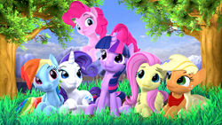 Size: 3840x2160 | Tagged: safe, artist:owlpirate, derpibooru import, applejack, fluttershy, pinkie pie, rainbow dash, rarity, twilight sparkle, twilight sparkle (alicorn), alicorn, earth pony, pegasus, pony, unicorn, 3d, cute, dashabetes, diapinkes, female, grass, jackabetes, looking at each other, mane six, mare, raribetes, shyabetes, smiling, source filmmaker, thank you, tree, twiabetes