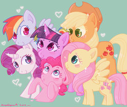 Size: 1879x1584 | Tagged: safe, artist:halfrobin, derpibooru import, applejack, fluttershy, pinkie pie, rainbow dash, rarity, twilight sparkle, earth pony, pegasus, pony, unicorn, friendship is magic, applejack's hat, cowboy hat, female, green background, hat, heart, mane six, mare, scene interpretation, simple background