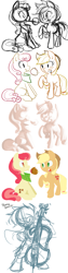 Size: 565x2256 | Tagged: safe, artist:php27, apple bumpkin, applejack, octavia melody, earth pony, pony, apple family member, bow, caramel apple (food), cello, mouth hold, musical instrument, sketch